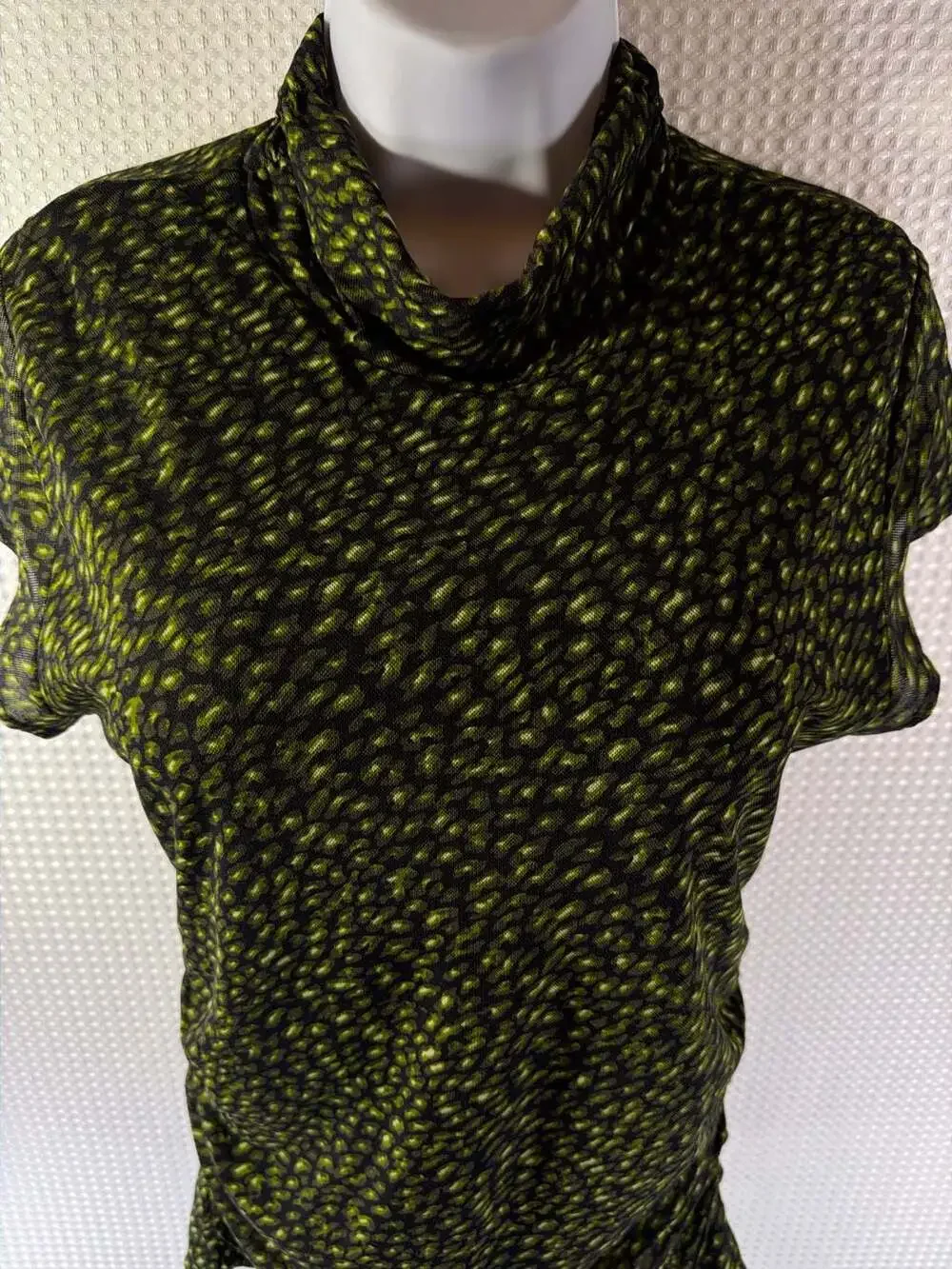 Chaus Green and Black Abstract Animal Print Mesh Mock Neck Ruched Top